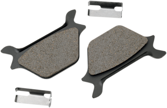 Organic brake pads for Harley-Davidson motorcycles by DRAG SPECIALTIES, showing the brake pad components and packaging.