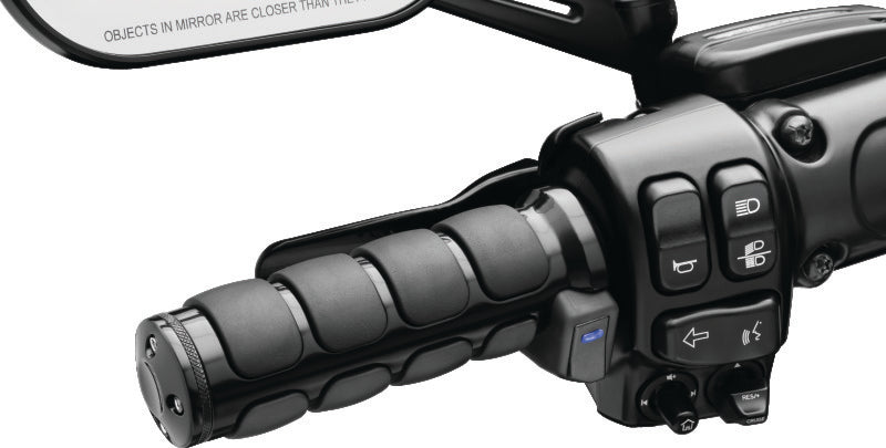 Kuryakyn Heated ISO Grips Dual Cable Gloss Black with textured surface and control buttons for motorcycle handlebars.