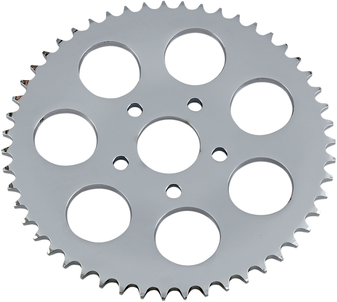 Chrome 51-tooth rear sprocket for motorcycle by Drag Specialties, showing the shiny, detailed gear teeth and branding.