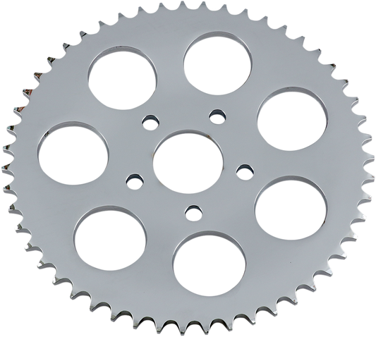 Chrome 51-tooth rear sprocket for motorcycle by Drag Specialties, showing the shiny, detailed gear teeth and branding.