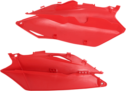 Red ACERBIS side panels for motorcycle body, featuring sleek design and vibrant color, compatible with Bill's Exhausts models.