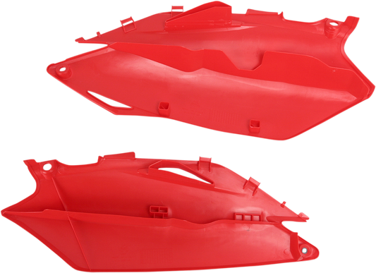 Red ACERBIS side panels for motorcycle body, featuring sleek design and vibrant color, compatible with Bill's Exhausts models.