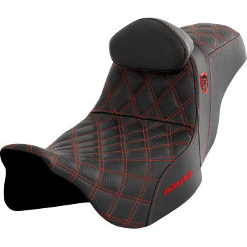 SADDLEMEN Pro Series SDC performance motorcycle seat with backrest, red stitching, designed for FLH/FLT models 2008-2023