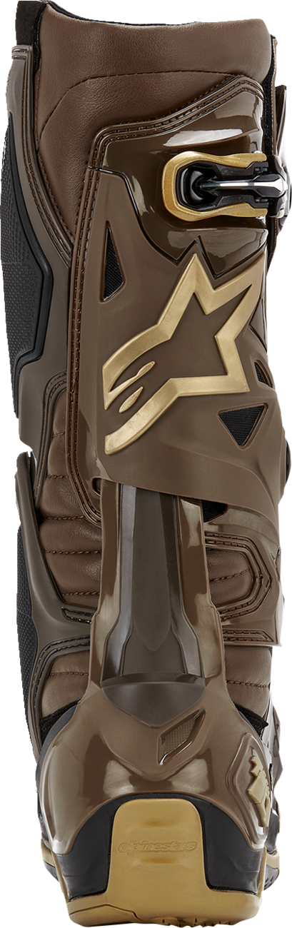 Alpinestars Limited Edition Squad '23 Tech 10 motorcycle boots in brown and gold, US size 10, with textured design and protective features.