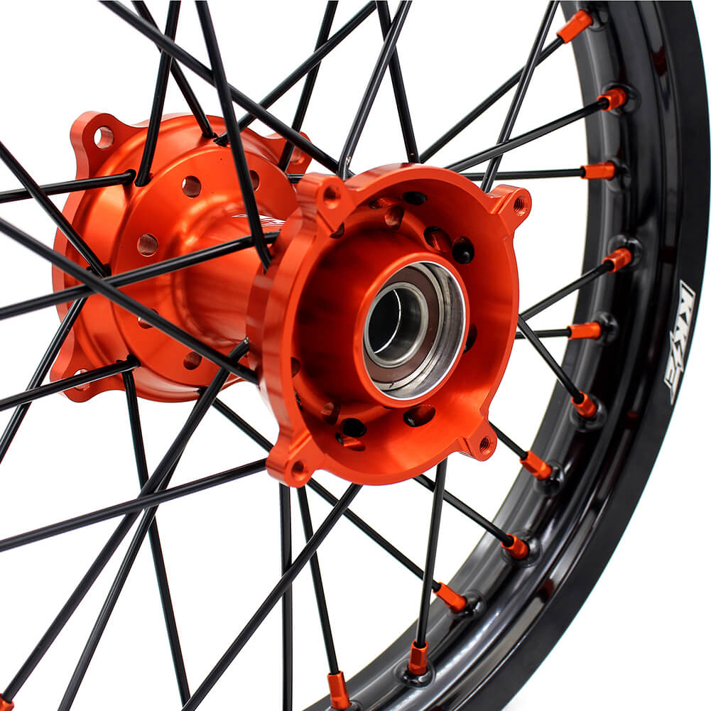 KKE 19"×1.6/16"×1.85 Spoke Kid's Big Wheels Rims Fit KTM SX 85 2003-2020 Orange Nipples & Black Spokes - Howling Moto