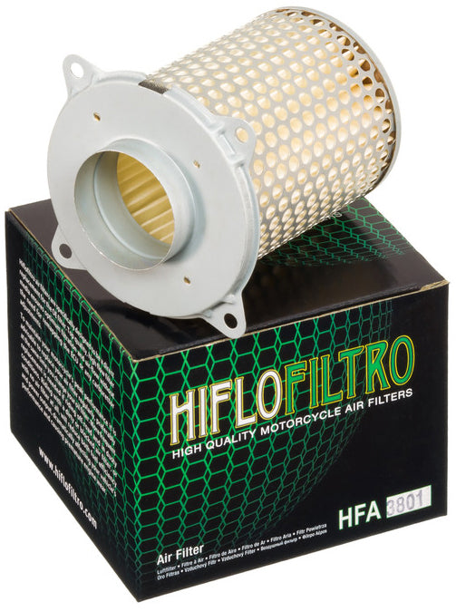 HIFLOFILTRO HFA3801 air filter for high-performance engines, shown in black with pleated filter material visible.