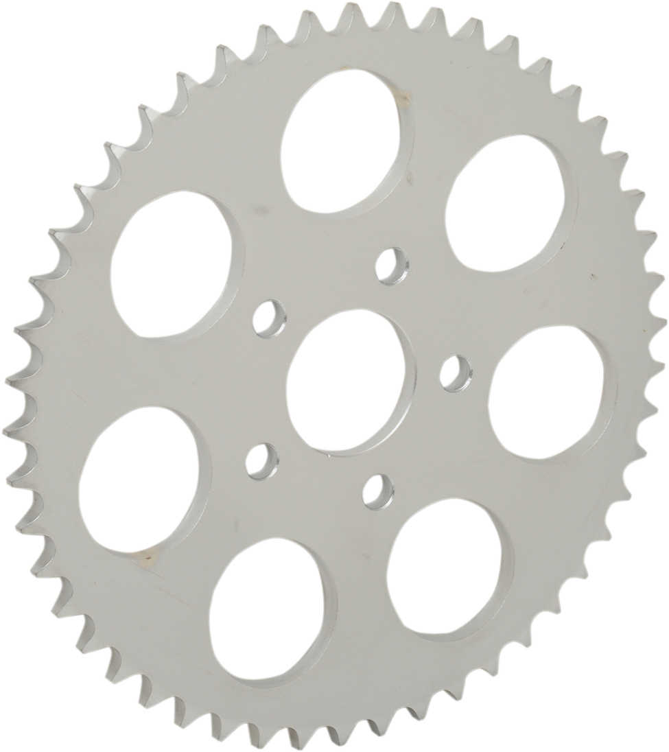DRAG SPECIALTIES 17512ZP 49-tooth zinc-coated rear motorcycle sprocket showing teeth and metallic finish.