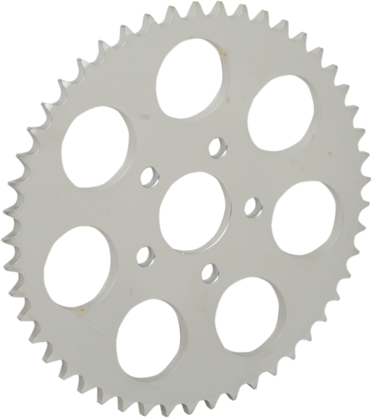 DRAG SPECIALTIES 17512ZP 49-tooth zinc-coated rear motorcycle sprocket showing teeth and metallic finish.