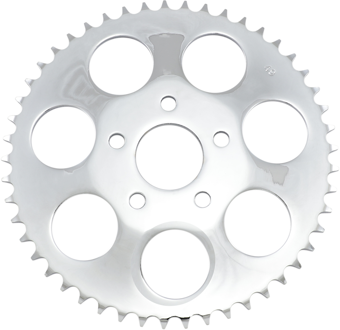 Chrome 49-tooth rear sprocket from DRAG SPECIALTIES, designed for motorcycle drivetrain performance.