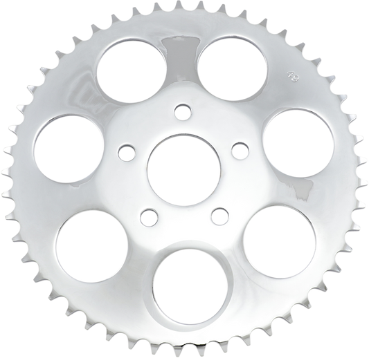 Chrome 49-tooth rear sprocket from DRAG SPECIALTIES, designed for motorcycle drivetrain performance.