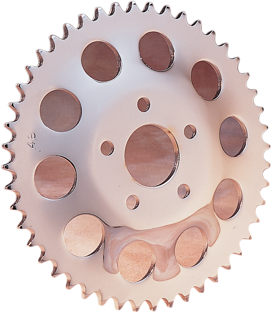 Chrome 48-tooth rear motorcycle sprocket by Drag Specialties, featuring durable metal teeth and classic chrome finish.