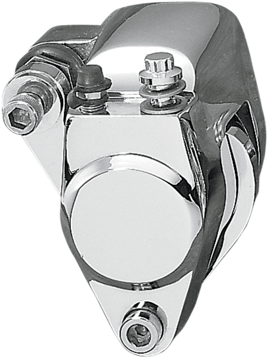 Chrome front caliper kit by Drag Specialties with mounting hardware and brake pads, designed for motorcycle braking systems.