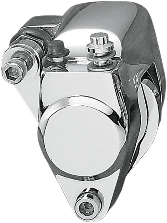 Chrome front caliper kit by Drag Specialties with mounting hardware and brake pads, designed for motorcycle braking systems.
