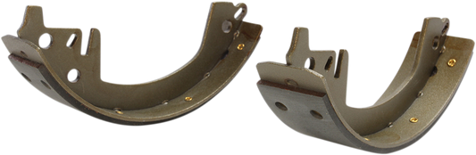 Rear brake shoes by Drag Specialties for '63-'72 Big Twin motorcycle, part #060112SCPFXBX, with visible brake lining and metal frame.