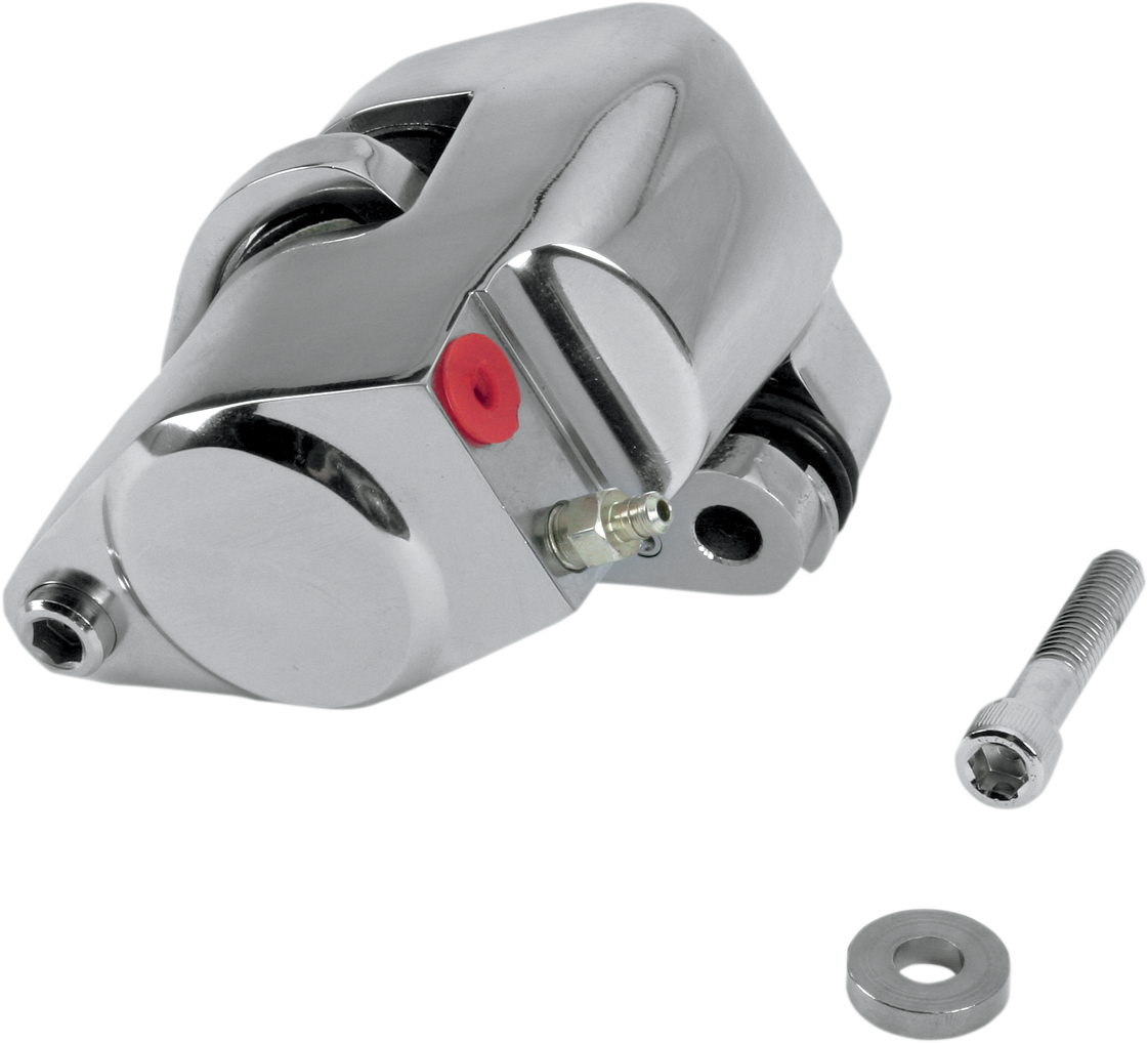 Chrome right rear brake caliper for motorcycle by Drag Specialties, part 148122-BX-LB2, showing detailed chrome finish and mounting hardware.