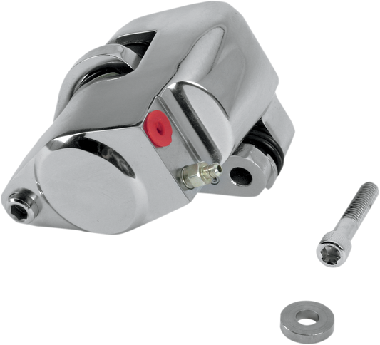 Chrome right rear brake caliper for motorcycle by Drag Specialties, part 148122-BX-LB2, showing detailed chrome finish and mounting hardware.