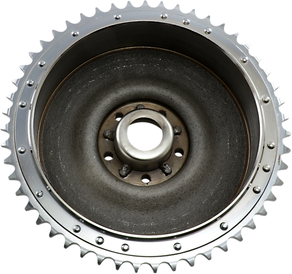 Drag Specialties Harley Davidson brake drum with sprocket for 1963-1966 models, featuring durable metal construction and detailed design.