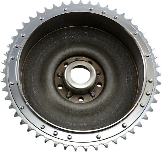 Drag Specialties Harley Davidson brake drum with sprocket for 1963-1966 models, featuring durable metal construction and detailed design.