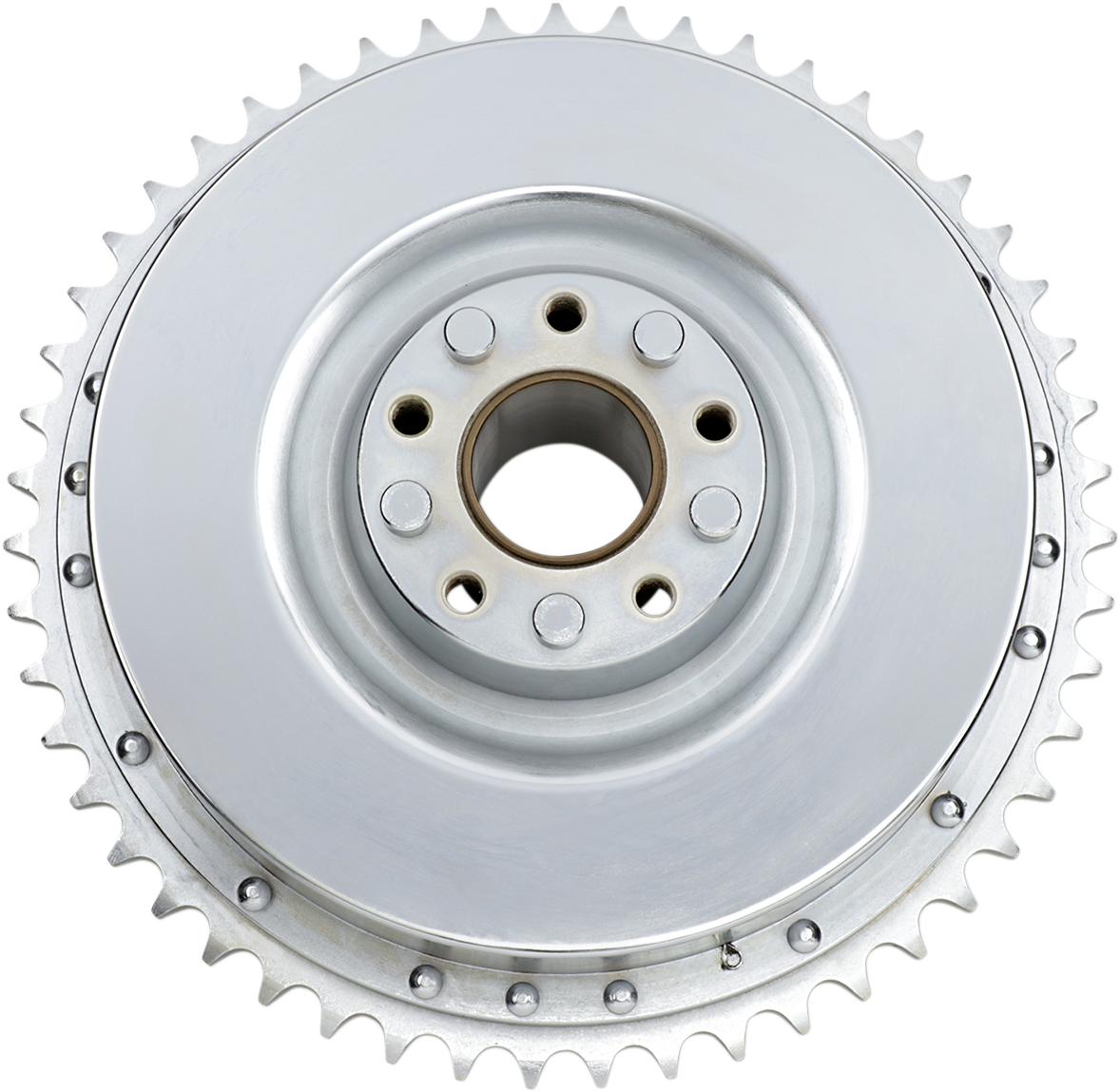 Chrome rear drum and sprocket set for 1967-1972 Harley-Davidson motorcycles by DRAG SPECIALTIES, showing polished metal parts.