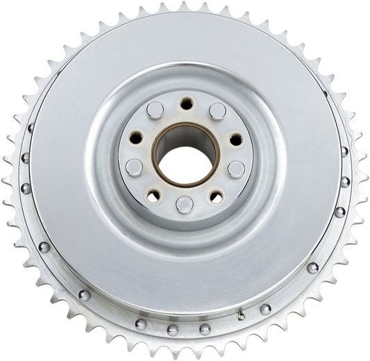 Chrome rear drum and sprocket set for 1967-1972 Harley-Davidson motorcycles by DRAG SPECIALTIES, showing polished metal parts.