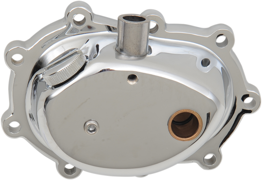 Chrome transmission end cover for Harley-Davidson Big Twin 1936-1986 by Drag Specialties, shown with detailed finish.