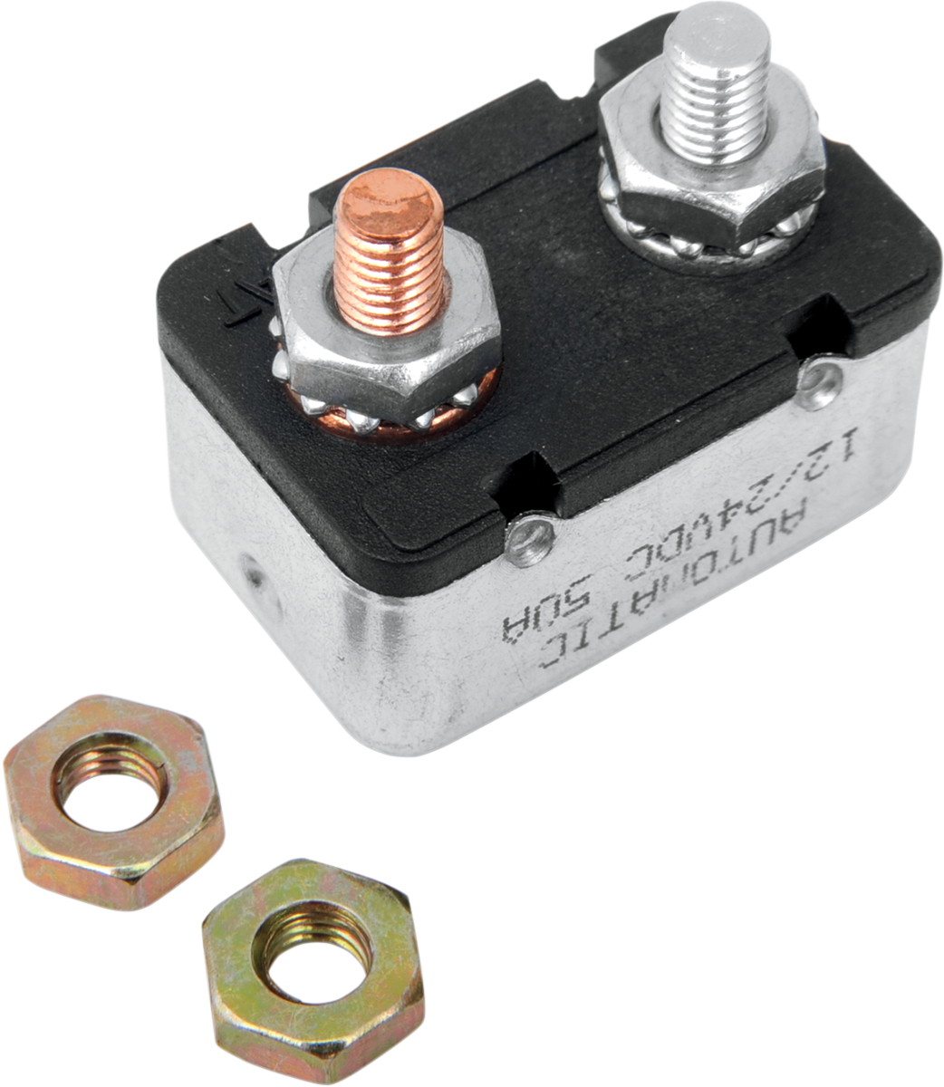 DRAG SPECIALTIES 50A circuit breaker for Harley Davidson motorcycle, compact electrical component with black casing and mounting terminals.