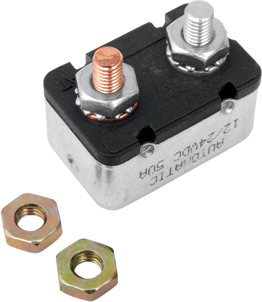 DRAG SPECIALTIES 50A circuit breaker for Harley Davidson motorcycle, compact electrical component with black casing and mounting terminals.