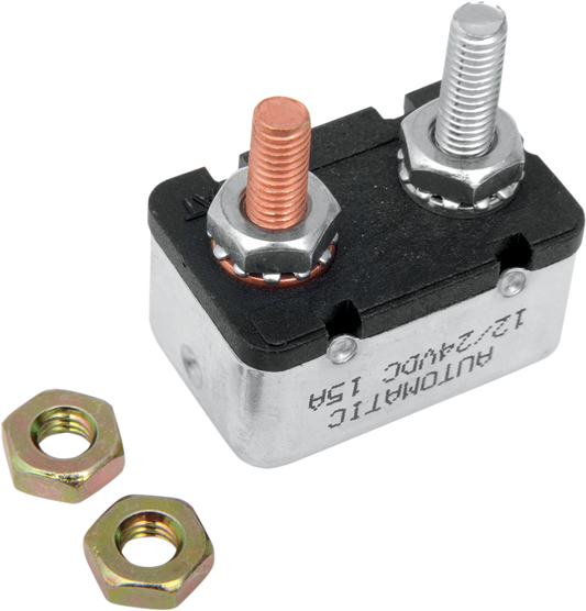 DRAG SPECIALTIES 15-Amp Circuit Breaker for Harley Davidson motorcycle, showing the black plastic housing and electrical terminals.