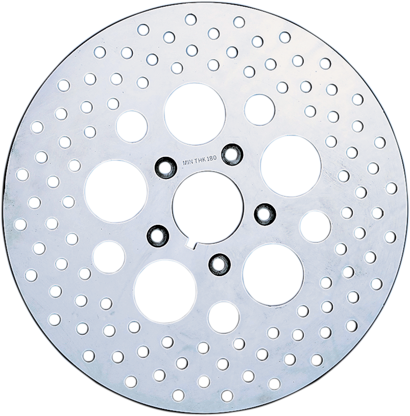 DRAG SPECIALTIES rear 11.5-inch drilled brake rotor for Harley-Davidson motorcycle, featuring ventilated design and precision machining.