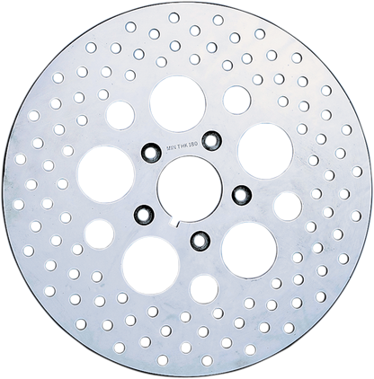 DRAG SPECIALTIES rear 11.5-inch drilled brake rotor for Harley-Davidson motorcycle, featuring ventilated design and precision machining.