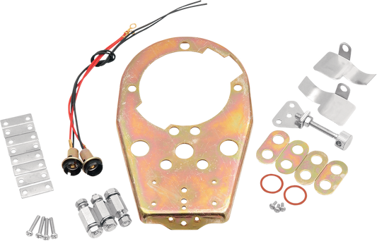 Drag Specialties Cat Eye Dash Cover base plate for motorcycle, with mounting hardware and detailed design.