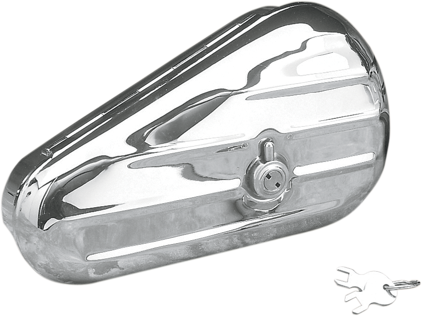 Chrome Drag Specialties left teardrop toolbox with sleek, polished finish and sturdy metal construction.