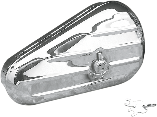 Chrome Drag Specialties left teardrop toolbox with sleek, polished finish and sturdy metal construction.