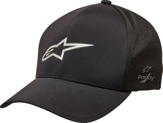 Black Ageless Mesh Delta Hat by Alpinestars, protective gear in large/XL size, featuring breathable mesh design and sporty style.