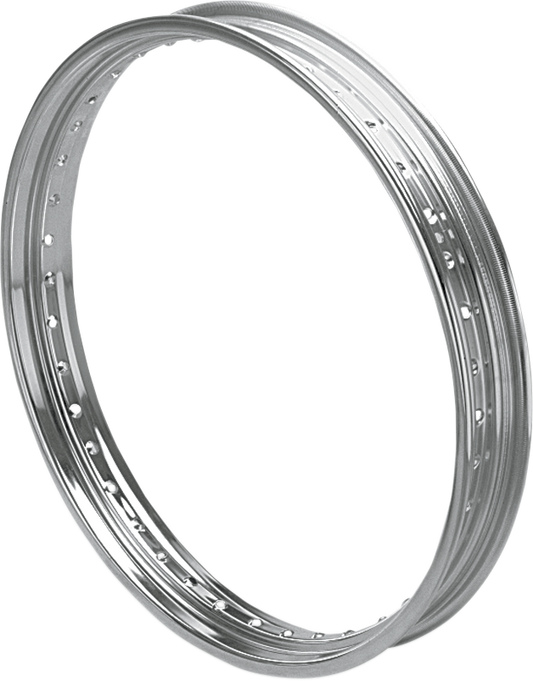 Steel motorcycle rim by Drag Specialties, 21x2.15 inches, drop center design with silver finish for custom bike builds.