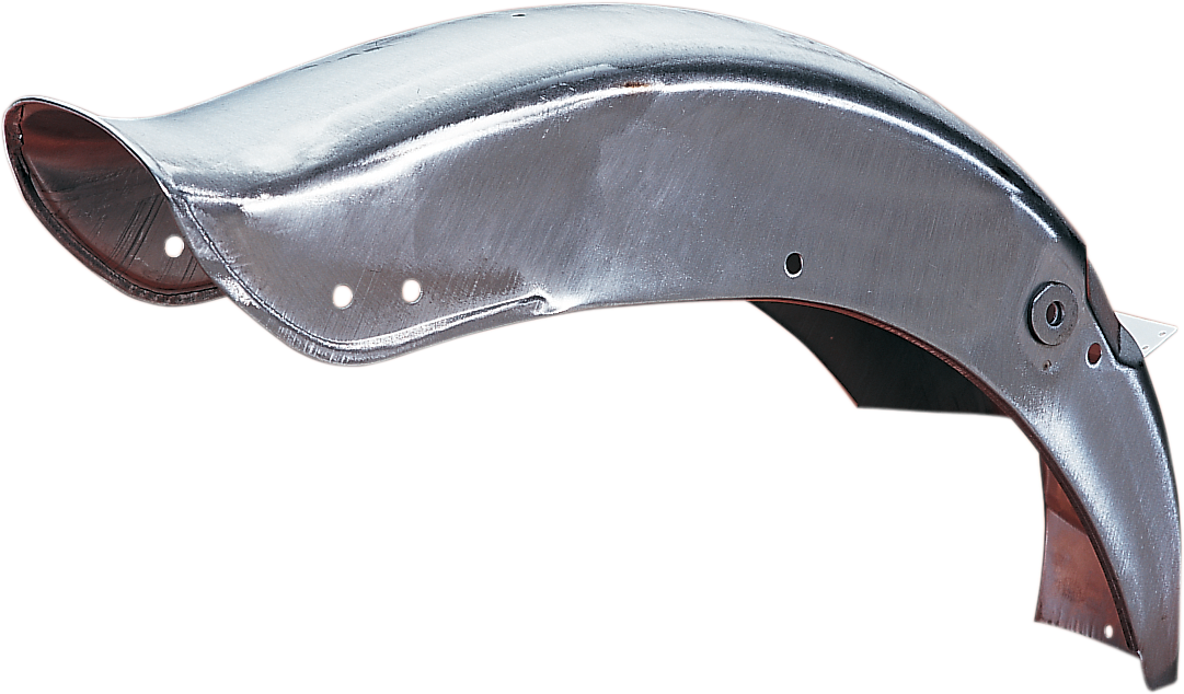 Drag Specialties rear fender for FXWG Wide Glide motorcycle, raw steel finish, durable metal construction, detailed close-up image.