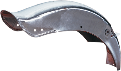 Drag Specialties rear fender for FXWG Wide Glide motorcycle, raw steel finish, durable metal construction, detailed close-up image.