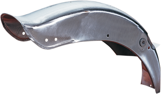 Drag Specialties rear fender for FXWG Wide Glide motorcycle, raw steel finish, durable metal construction, detailed close-up image.