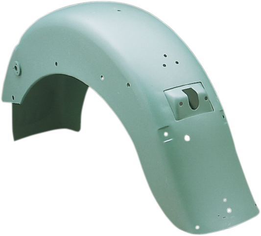 Steel rear fender with taillight and turn signal mounts for Harley 4-Speed FL models by Drag Specialties, part #72522B.