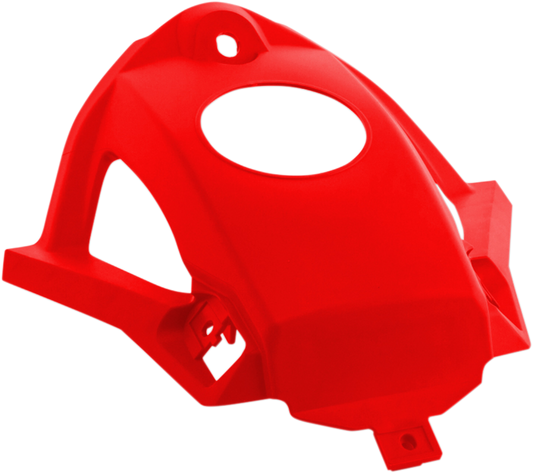 Red ACERBIS tank cover for motorcycle body, featuring bold branding and sleek design, suitable for aftermarket customization.