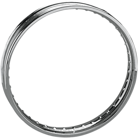 Steel spun rim by Drag Specialties with 40 holes, silver finish, designed for 21-inch motorcycle wheels.