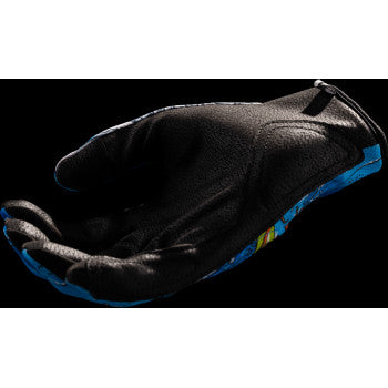 Blue ICON Hooligan Dino Fury gloves in 3XL size with padded fingers and textured palm, designed for motorcycle riding.
