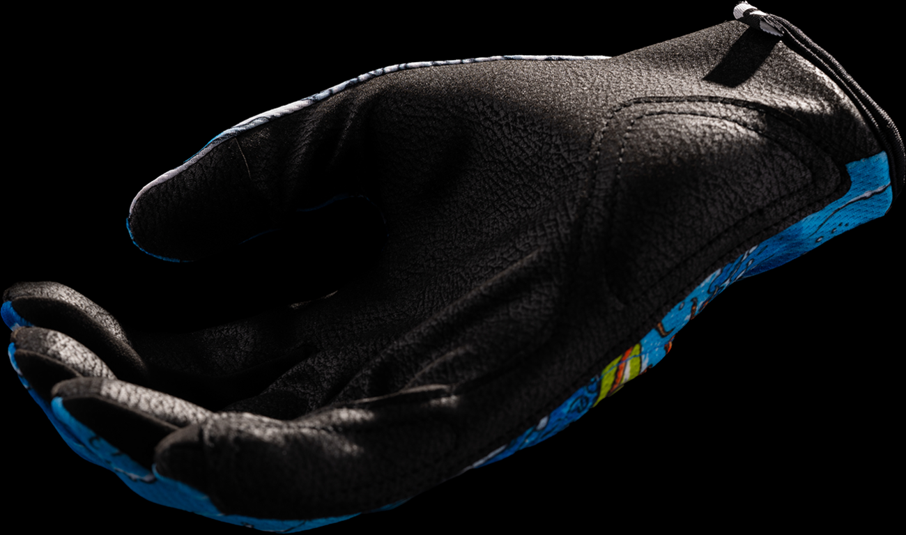 Blue ICON Hooligan™ Dino Fury gloves in small size, featuring protective design and vibrant color, from Bill's Exhausts.