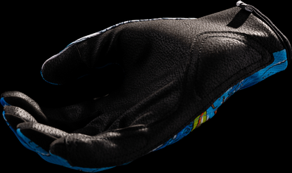 Blue ICON Hooligan™ Dino Fury gloves in small size, featuring protective design and vibrant color, from Bill's Exhausts.