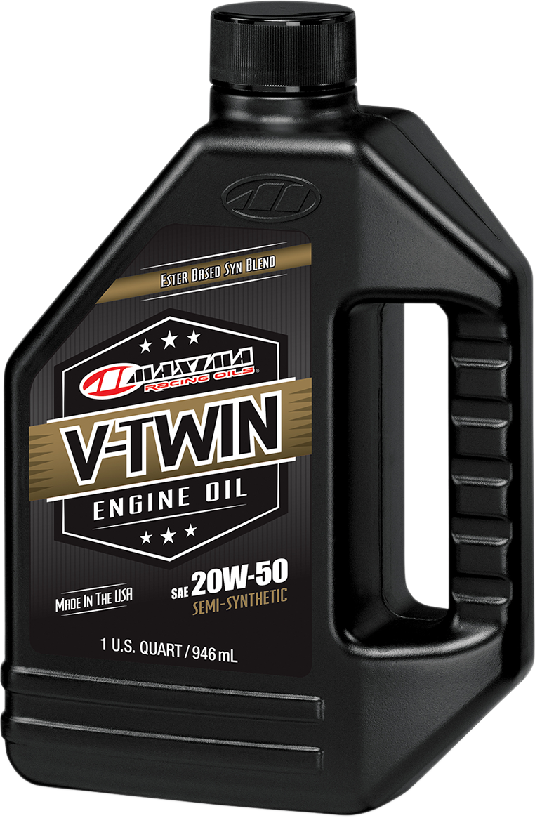 MAXIMA RACING OIL V-Twin semi-synthetic 20W-50 engine oil quart container, part #30-14901, for motorcycle engines.