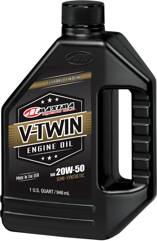 MAXIMA RACING OIL V-Twin semi-synthetic 20W-50 engine oil quart container, part #30-14901, for motorcycle engines.