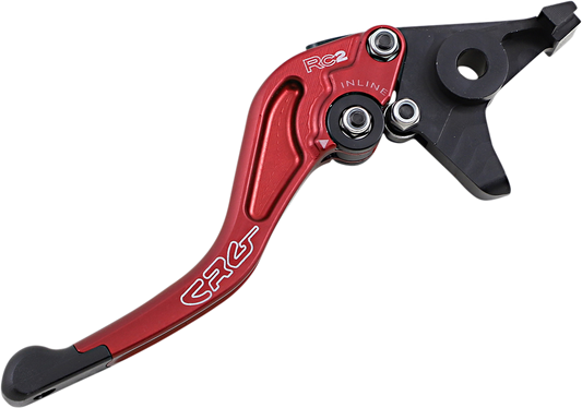 Red CRG RC2 Shorty Brake Lever for motorcycles, showing the compact, ergonomic design and brand logo on the lever.