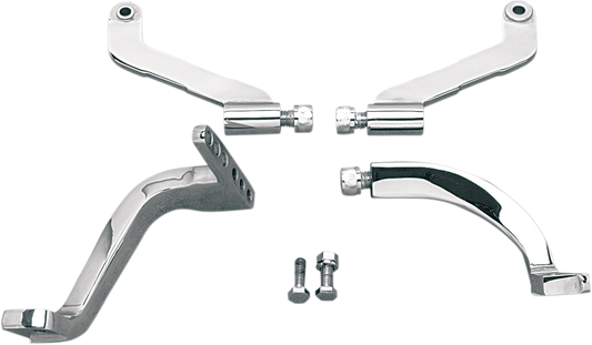 Chrome floorboard mounting brackets for FLT/FLHT Harley Davidson by DRAG SPECIALTIES, showing polished metal brackets with mounting hardware.