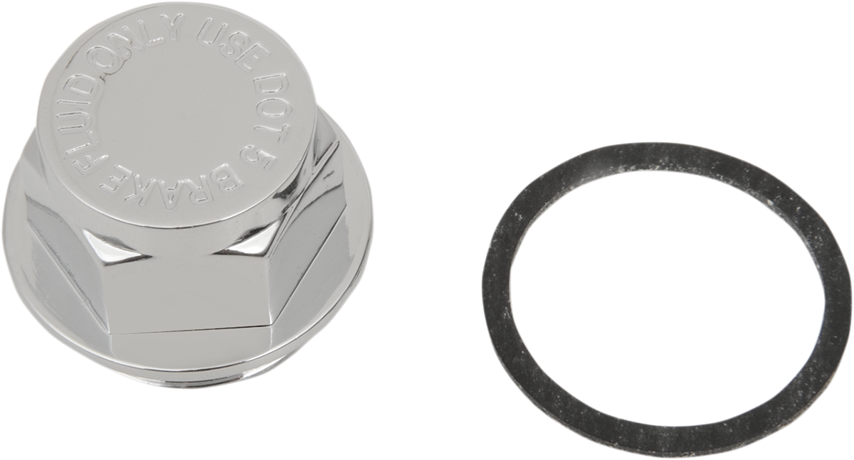 Chrome rear brake master cylinder cap by Drag Specialties, model 17-0027-BC104, for motorcycle rear brake systems.
