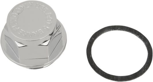 Chrome rear brake master cylinder cap by Drag Specialties, model 17-0027-BC104, for motorcycle rear brake systems.